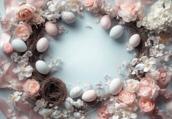 Wall Mural - Elegant Easter Decoration with Pastel Eggs, Flowers, and Ribbons Creating a Charming Springtime Atmosphere for Celebrations and Festivities