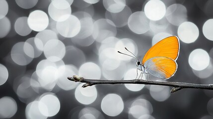 Wall Mural -   A butterfly with yellow wings perched on a branch in front of a bouquet of white and gray circles