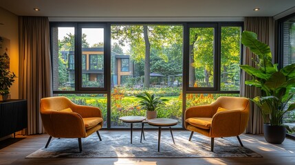 Poster - A warm and inviting seating area features two yellow armchairs and a small table, showcasing a stunning view of a vibrant garden bathed in golden light.