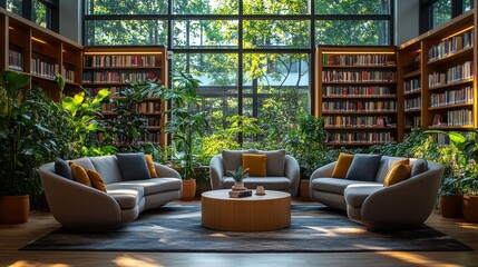 Poster - Softly lit reading area features plush sofas, a round coffee table, and lush plants, creating a tranquil space for students and visitors to read, study, or unwind amongst the books.