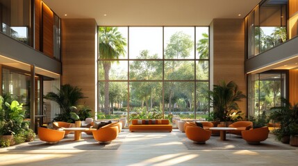 Aufkleber - Bright lounge area with large windows letting in natural light, filled with tropical plants and stylish orange furniture. Comfortable seating encourages relaxation and social interaction.