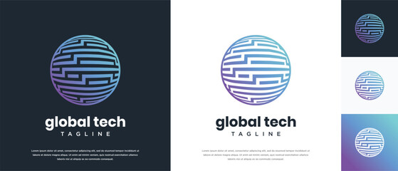 Global technology logo design vector concept. Globe technology connection logo icon.