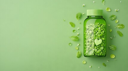 Wall Mural - a jar containing many green beans and another jar adorned with a heart on top, both filled with leav