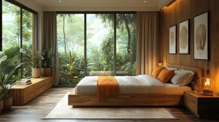 Poster - Cozy bedroom features a wooden bed and accents, adorned with orange decor. Expansive windows invite natural light and showcase lush greenery outside, creating a serene atmosphere.