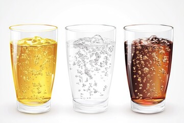 Wall Mural - Three clear glasses filled with soda and water, showing carbonation bubbles