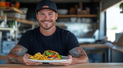 Wall Mural - A man is holding a plate of food, smiling and posing for a picture