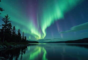 aurora borealis over still lake at night