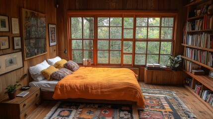 Poster - This inviting bedroom features a comfortable bed with an orange quilt and pillows, surrounded by natural wood walls. Large windows provide a peaceful view of the lush outdoor landscape.