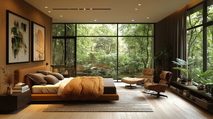 Aufkleber - This modern bedroom features a cozy bed with an inviting blanket, a comfortable chair, and expansive windows showcasing vibrant greenery outside, creating a serene atmosphere.