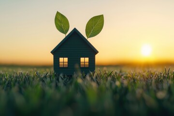 Wall Mural - Green House Concept with Leaves Against Sunset Background in Nature