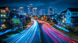 © Sahraya - City street with houses and buildings with glowing windows at night. Cityscape with empty road, houses and skyscrapers with neon color ligth, vector cartoon illustration