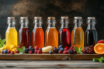 Wall Mural - row of six bottles of different colored drinks, including apple juice, cranberry juice, and raspberry juice