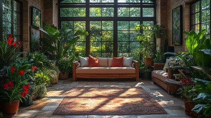 Aufkleber - A tranquil indoor garden features an array of vibrant plants and comfortable seating. Sunlight streams through large windows, creating a calming atmosphere with warm colors.