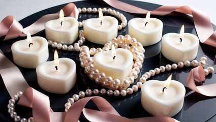 Poster - Heart-Shaped Candles with Pearls and Ribbons on a Dark Background