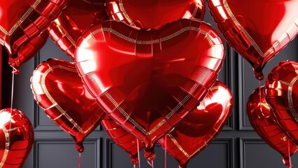 Canvas Print - Shiny Red Heart Balloons Floating Against Dark Background