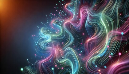 Sleek design with dynamic curves, vibrant dots generating ethereal futuristic visual landscape