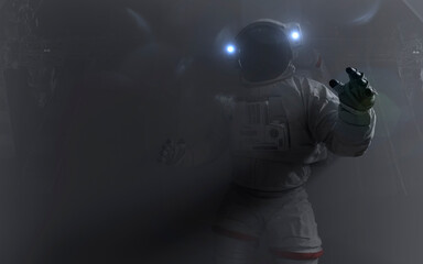 Wall Mural - 3d illustration of astronaut in dense fog or sandstorm in space. high quality digital space sci-fi a