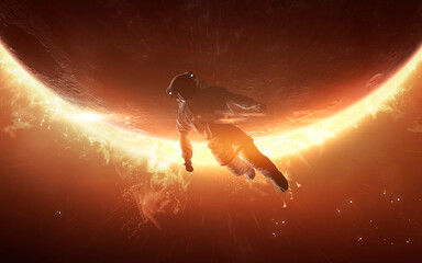 Wall Mural - 3d illustration of a blazing star in space, a burning sun, very high temperature and astronaut. high