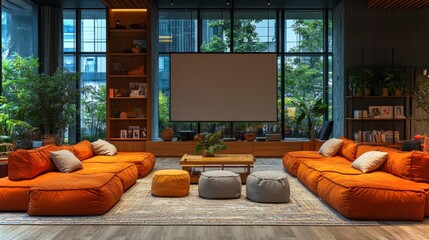 Wall Mural - A modern lounge features bright orange cushions and a wooden coffee table surrounded by lush plants. Large windows provide natural light, creating a warm atmosphere.