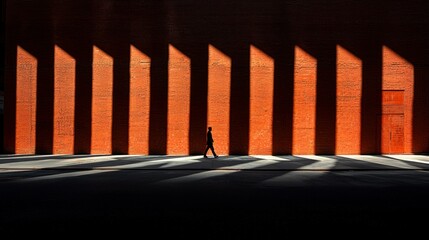 Poster - A solitary figure walks past a striking brick wall.