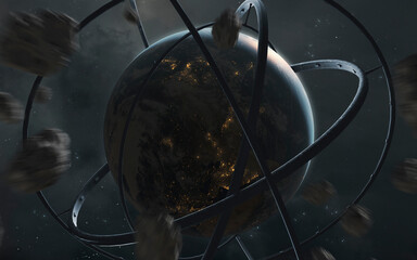 Wall Mural - 3d illustration of a giant ring-shaped space station around earth planet. high quality digital space