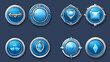 © Sehraye - Blue game buttons, achievement badges with silver frames. Vector cartoon set of round icons with steel border in medieval style, circle award labels isolated on background
