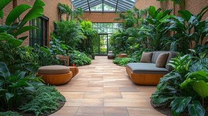 Aufkleber - A serene indoor garden features lush plants, cozy seating areas, and abundant natural light streaming through a skylight. This tranquil space invites relaxation and connection with nature.