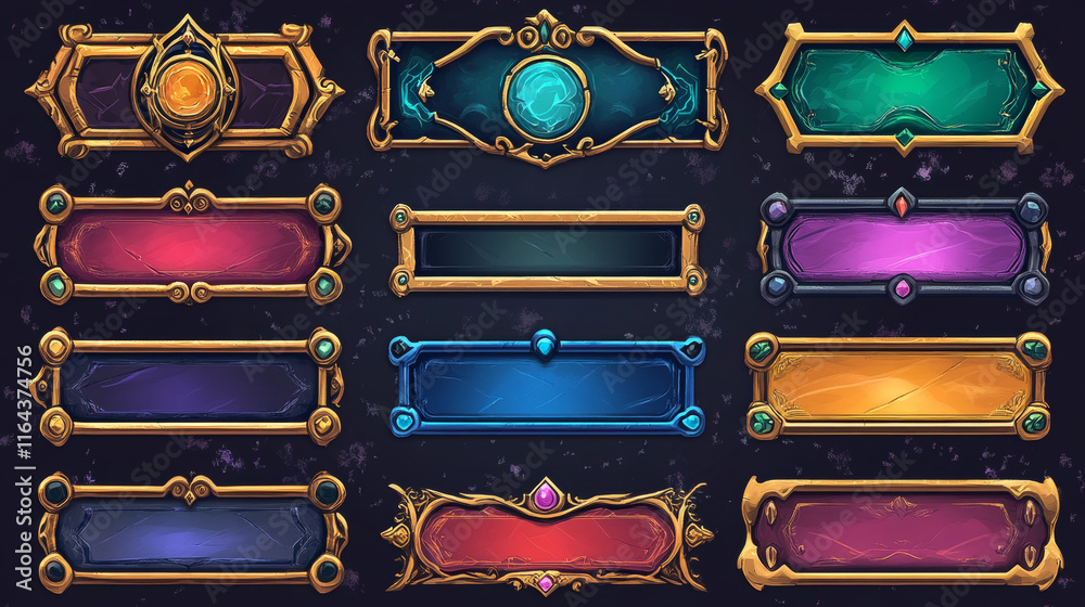 Medieval game frames or buttons, user interface menu elements. Oblong ...