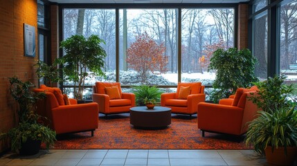 Poster - A welcoming seating area features bright orange chairs surrounded by lush plants, set against the backdrop of snow-covered trees outside. Natural light floods in through large windows.