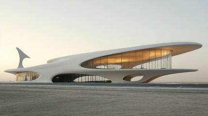 Poster - Futuristic building with sleek design and expansive glass.