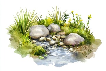 Poster - A serene scene with a gentle stream flowing between rocky outcroppings surrounded by lush green grass