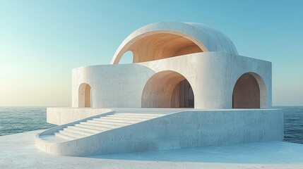 Poster - Modern architectural structure by the sea at sunset.