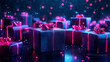 © Sahraya - 3d cyber monday digital tech gift box sale offer background. Futuristic shopping wireframe poster for online advertising or game design. Neon surprise event with prize package marketing banner