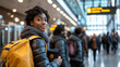© aciddreamStudio - diverse group of people standing in line at a border control area, carrying bags and holding passports