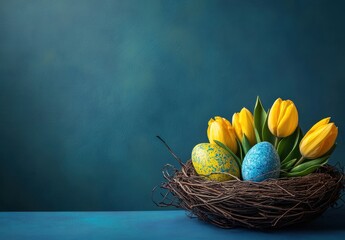 Wall Mural - Vibrant Easter Eggs Nestled Among Fresh Yellow Tulips on a Blue Background, Symbolizing Spring and Renewal in a Charming Arrangement