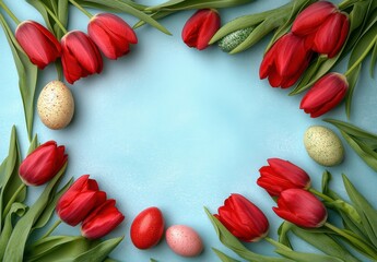 Wall Mural - Vibrant Red Tulips Framed by Colorful Easter Eggs on Soft Blue Background, Perfect for Spring Celebrations, Floral Arrangements, and Holiday Themes