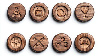 Poster - Circle buttons with wooden texture and icons for game menu interface or website. Vector cartoon set of ui elements from brown timber with signs isolated on white background