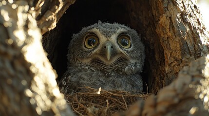 baby owl with big eyes peering from tree hollow.