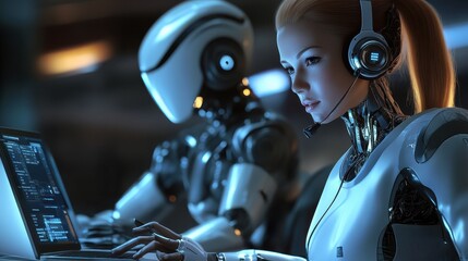 Poster - A female customer service representative working alongside a robot. They are both using laptops and wearing headsets.