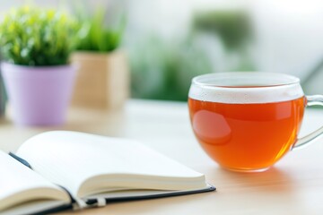 Poster - minimalist desk with open journal and cup of herbal tea emphasizing personal development and goal se