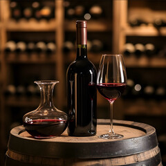 Fototapete - a bottle of red wine on a wooden barrel in a wine cellar There is also a decanter filled with red wine and a glass of red wine on the barrel The background is out of f