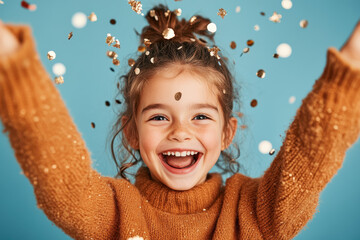 Wall Mural - Joyful Child Throwing Confetti in Celebration of Happiness and Youthful Excitement Against a Bright Blue Background with Radiant Laughter and Cheerful Expression