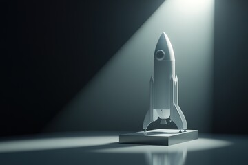 Poster - 3d rocket standing on glossy platform illuminated by spotlight in clean minimalist scene