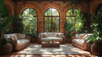 Fototapete - This inviting living space features rattan sofas surrounded by vibrant plants, large windows allowing sunlight to flood in, and a warm, earthy atmosphere perfect for relaxation.