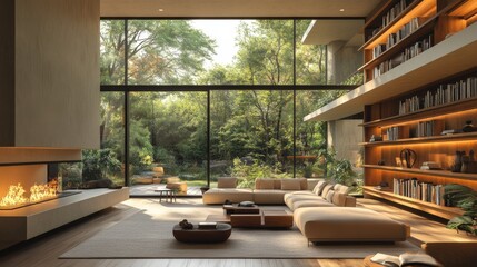 Poster - A spacious living room showcases large windows that offer a panoramic view of lush greenery outside. The cozy fireplace complements the elegant furniture arranged for relaxation and socializing.