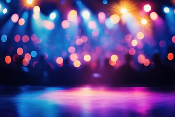 Aufkleber - vibrant music concert stage glowing with dynamic lights and blurred silhouettes of audience in background