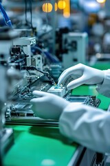 Poster - close-up of robotic hands assembling product in high-tech factory with blurred machinery in background