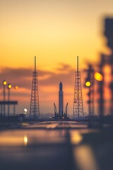 Poster - launchpad with rocket ready for takeoff framed by blurred control towers and dramatic sunset sky