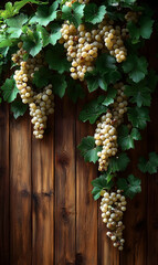 Wall Mural - A wood wall with a grained texture adorned with white grapes growing on it and green leaves hanging from the top of the wooden planks The style is simple but elegant w