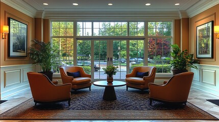Aufkleber - A spacious lounge features four orange chairs arranged around a round table, illuminated by natural light from large windows. Plants enhance the inviting atmosphere.